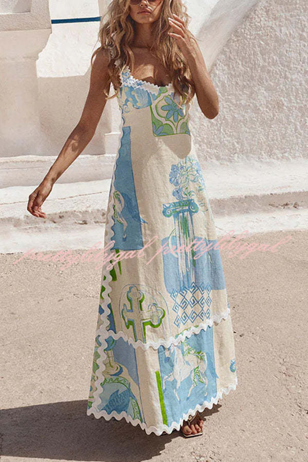 Darla Linen Blend Ric Rac Trims Unique Print Back Tie-up Maxi Dress