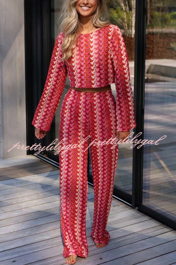 Tamia Knit Colorful Wave Unique Print Crop Top and Stretch Wide Leg Pants Set