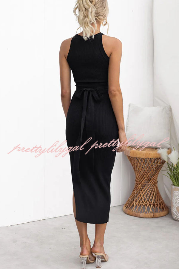 Serene Ribbed Knit Colorblock Back Tie-up Slit Stretch Midi Dress