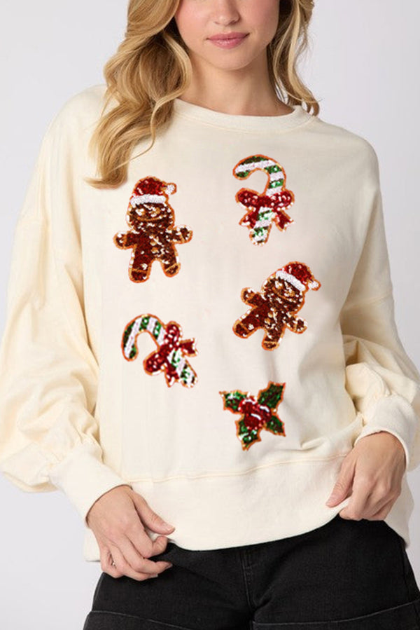 Christmas Gingerbread Man Sequin Casual Long Sleeve Sweatshirt