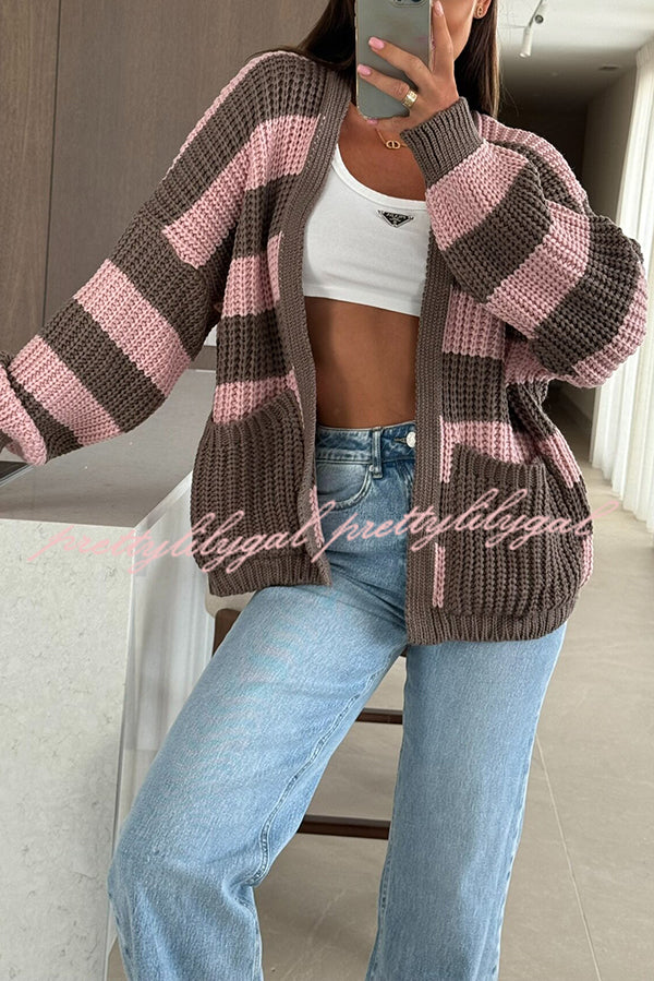 Fashionable Patchwork Striped Casual Pocket Knitted Sweater