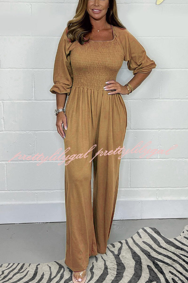 Casual and Comfortable Smocked Solid Color Wide Leg Jumpsuit