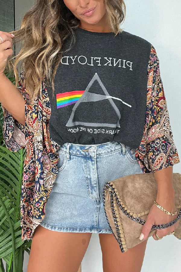 Unique Ethnic Print Batwing Sleeve Loose Top