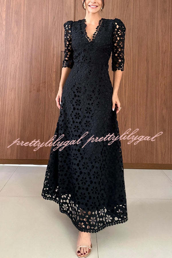 Best Day Ever Crochet Floral Lace Puff Sleeve Lined Maxi Dress