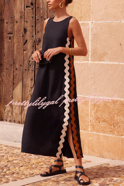 Vacation Villa Side Ric Rac Wave Trim Slit Loose Maxi Dress