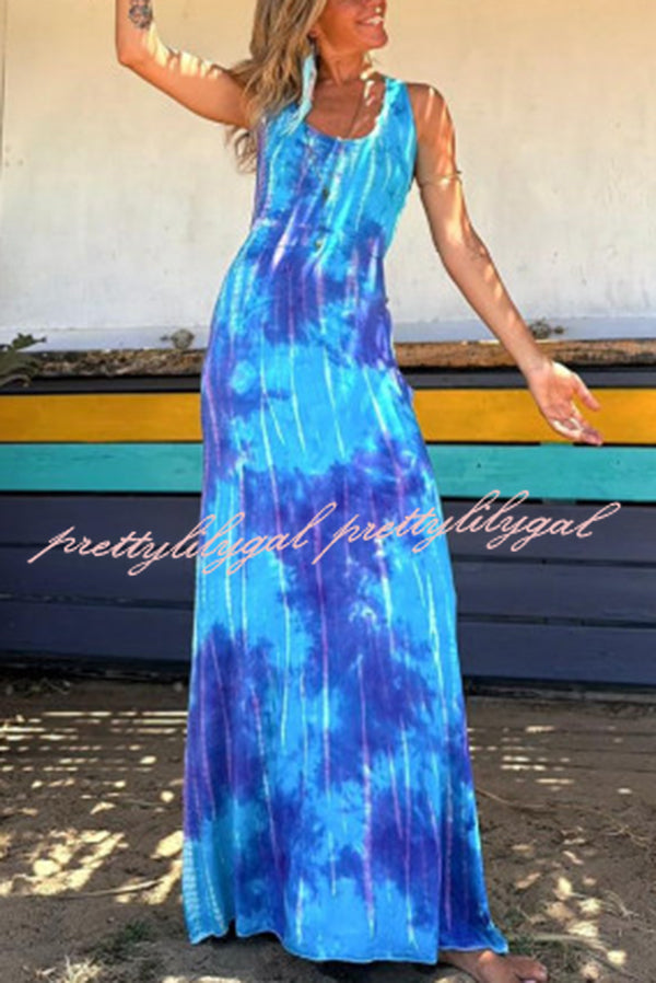 La Bamba Tie-dye Print Back Lace-up Stretch Maxi Dress