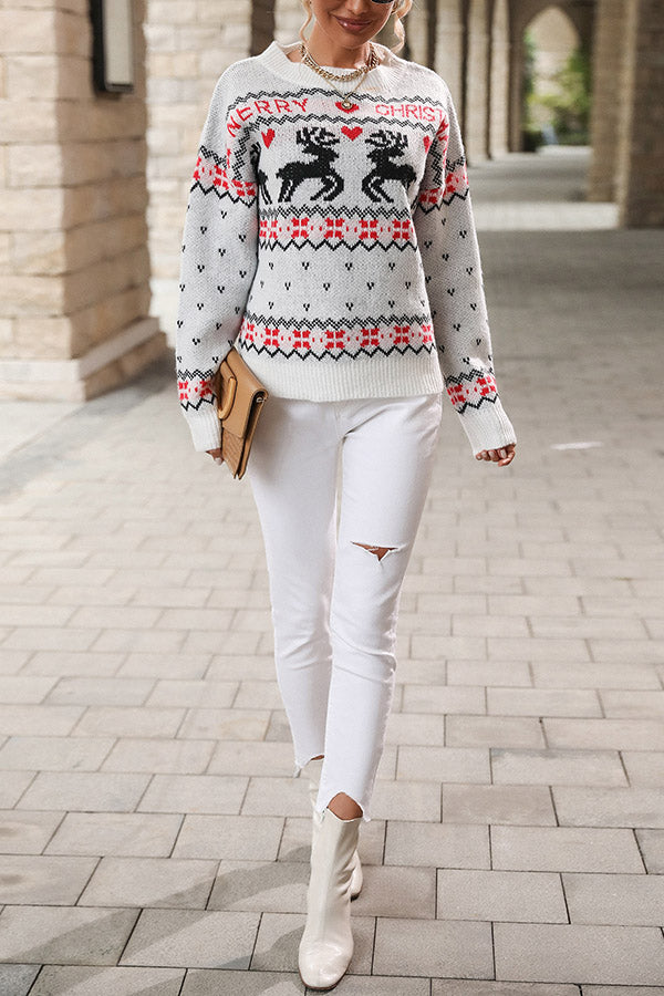 Christmas Elk Round Neck Long Sleeve Loose Knitted Sweater