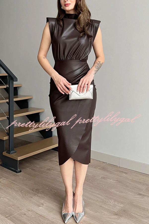 Elouise Faux Leather Turtleneck Shoulder Pads Ruched Slit Midi Dress