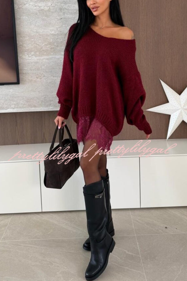 Comfy and Sweet Knit Lace Patchwork Hem Wide Neck Long Sleeve Loose Sweater