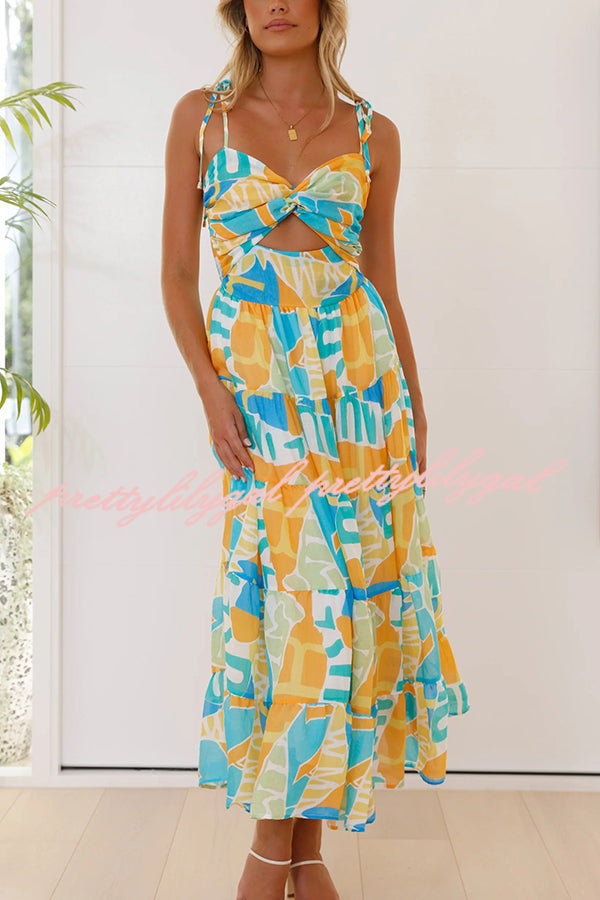 Unique Printed Suspender Tie Back Pleated Midi Dress