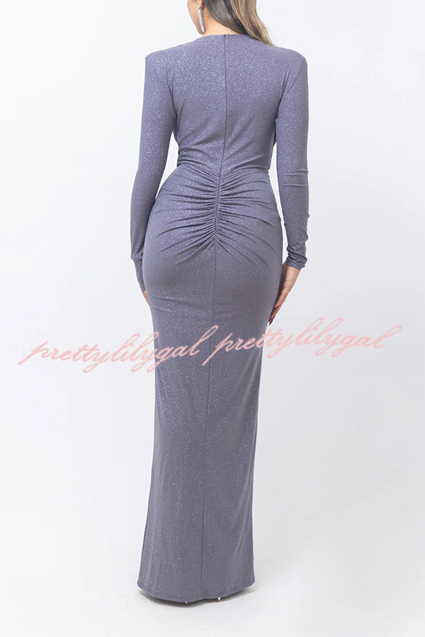 Solid Color Shiny Sexy V-neck Long Sleeve Ribbon Slit Slim Fit Maxi Dress