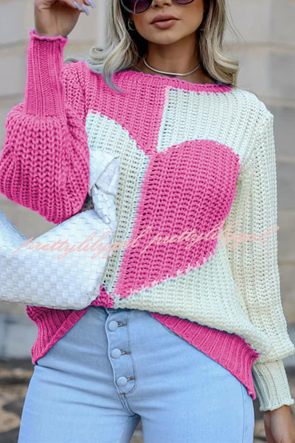 Round Neck Bell Sleeves Heart Contrast Knitted Long Sleeved Sweater