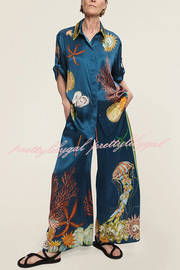 Linen Blend Unique Print Lapel Short Sleeve Shirt and Elastic Waist Loose Pocket Wide Leg Pants Set