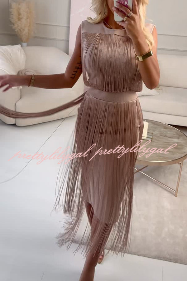 Elegant and Modern Draped Tassel Design Sleeveless Stretch Midi Dress