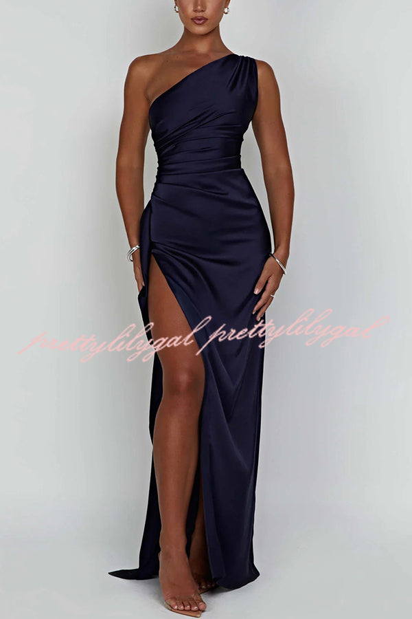 Fits Your Curves Satin One Shoulder Drape Slit Maxi Dress