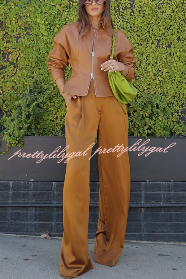 Pop of Brown Faux Leather Double Zipper Detail Balloon Sleeve Lapel Jacket