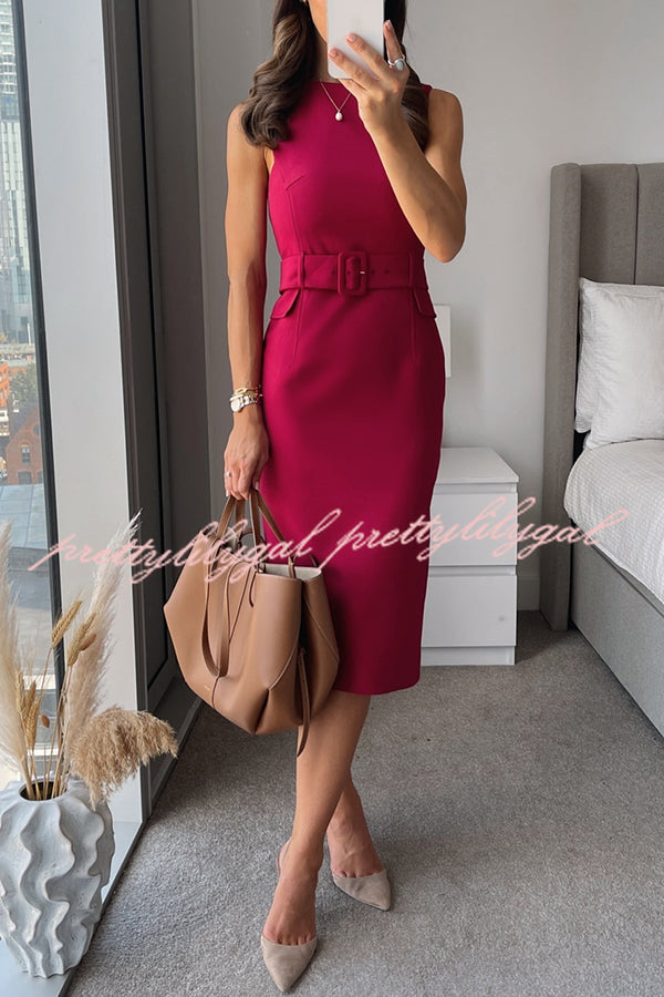 Feel Formal Belted Tailored Stretch Pencil Midi Dress