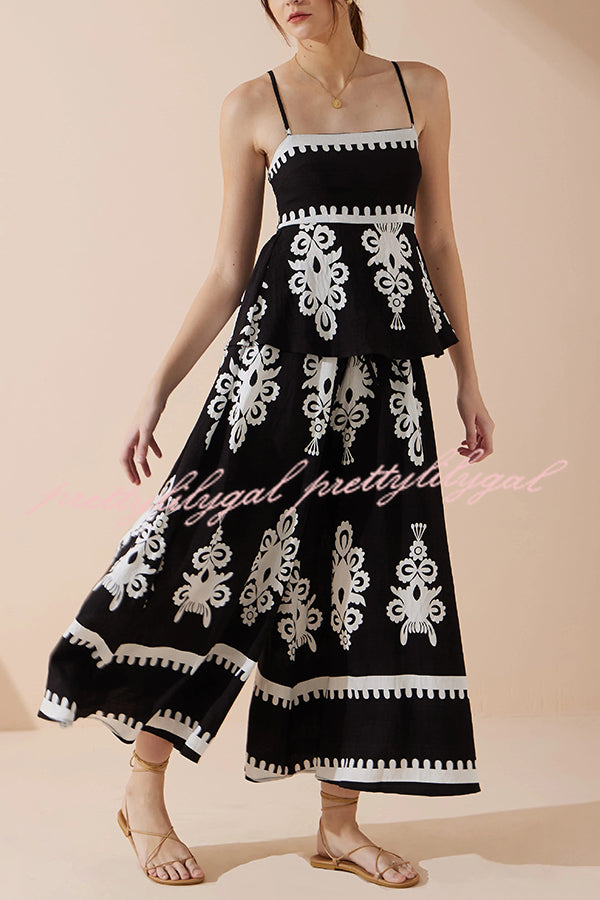 Unique Ethnic Print Suspender Pleated Top and Elastic Waist Loose Wide-leg Pants Set