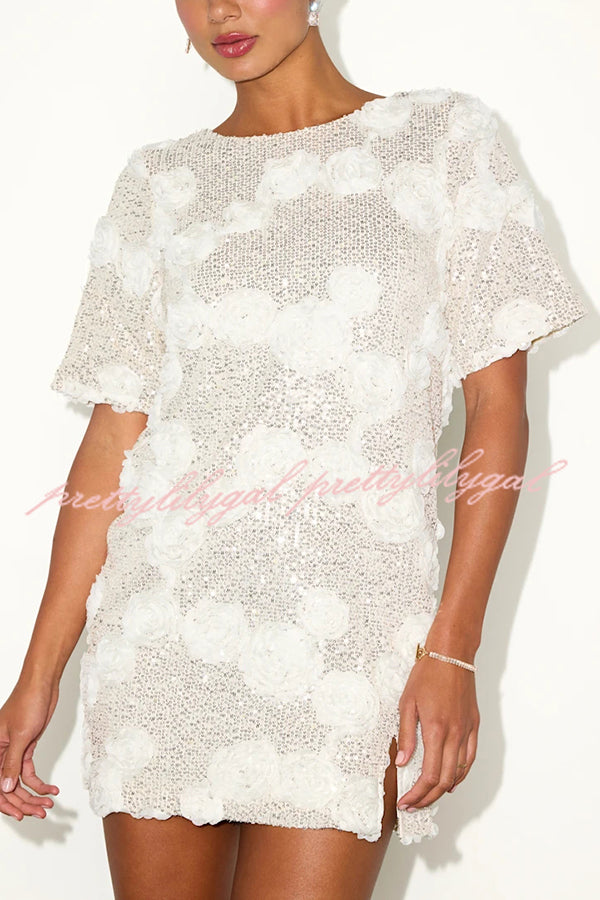 Feeling Exquisite Sequin-embellished Rose Texture Short Sleeve H-line Mini Dress