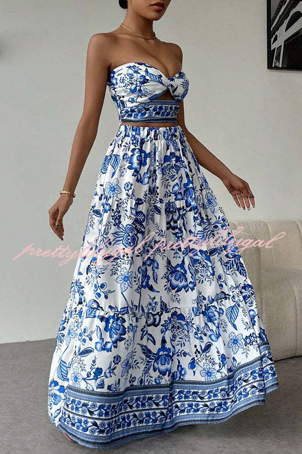 Floral Print Cutout Bandeau Top and Elastic Waist Full Maxi Skirt Set