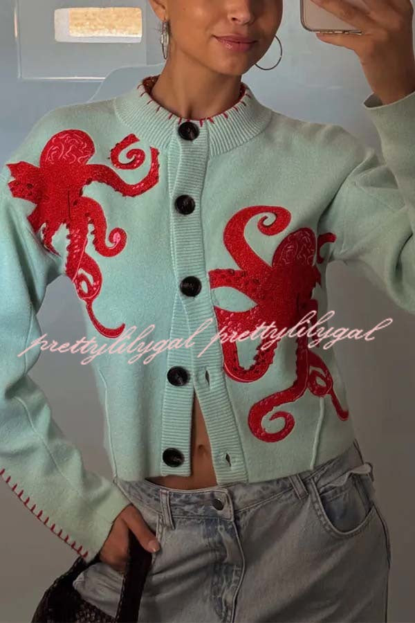 Coastal Fashion Knit Octopus Graphic Contrast Piping Button Up Loose Cardigan
