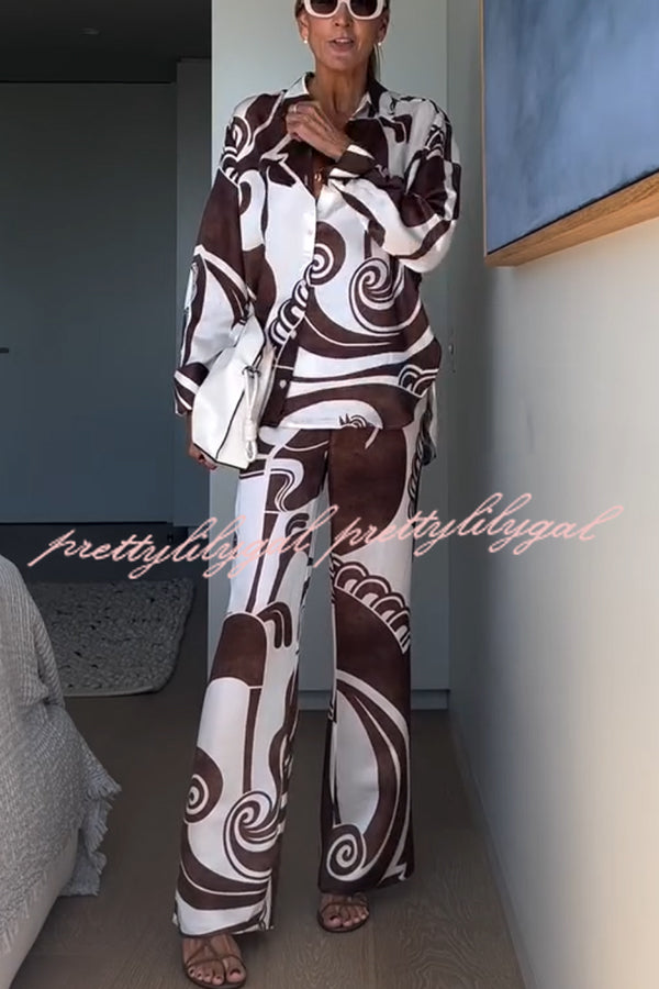 Oceanfront Views Unique Print Long Sleeve Loose Shirt and Elastic Waist Pocketed Pants Set