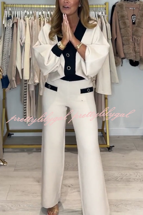 Fashion Contrast Color V-neck Loose Cardigan and Elastic Waist Casual Pants Set