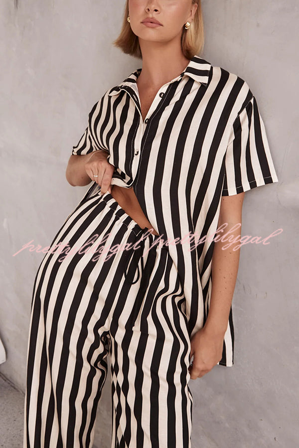 Erika Striped Casual Shirt and Elastic Waist Pocket Wide Leg Pants Set