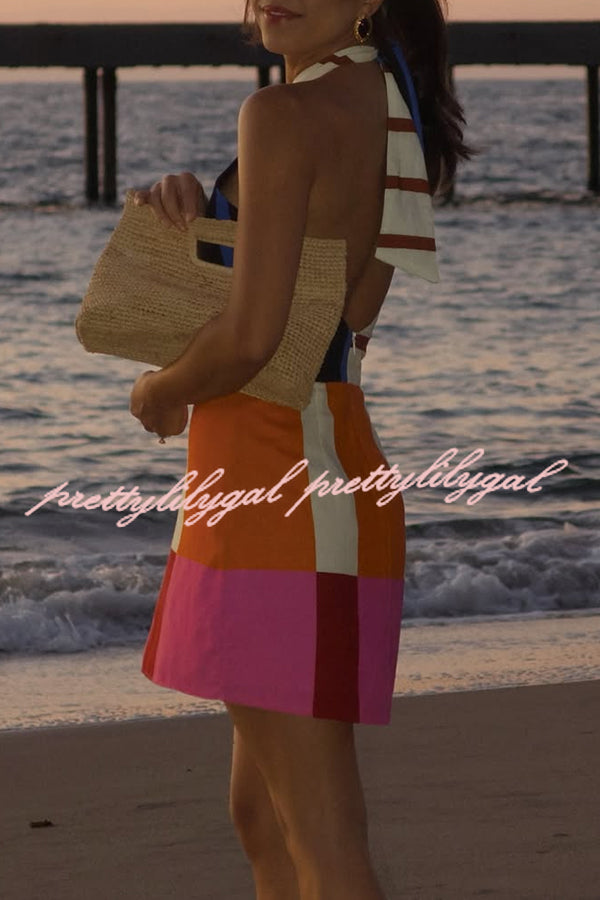 Jeniah Linen Blend Color Block Print Cross Halter Tie-up Loose Mini Dress