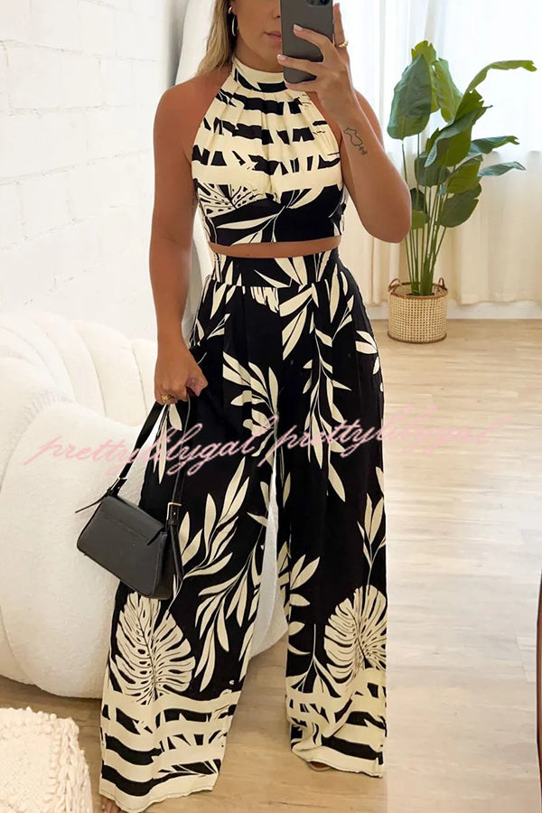 Botanical Print Halterneck Crop Top and Casual High-waist Wide-leg Pants Set