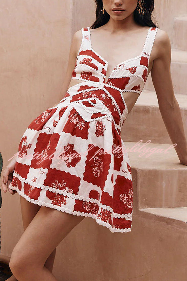 ric rac mini dress Lucia Linen Blend Ric Rac Trims Unique Print Cutout Pocketed Mini Dress