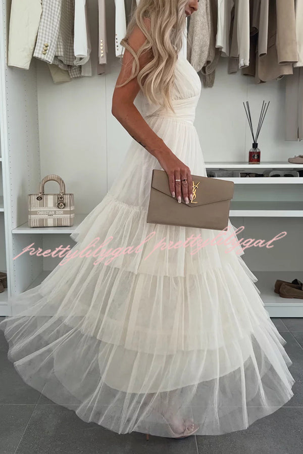 Romantic Movie Tulle Ruched Tiered Hem Slip Maxi Dress