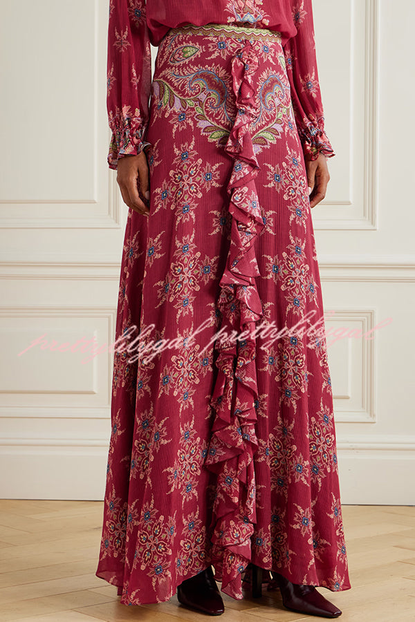 Unique Printed Chiffon Long-sleeved Loose Shirt and Elegant Ruffled Maxi Skirt Set
