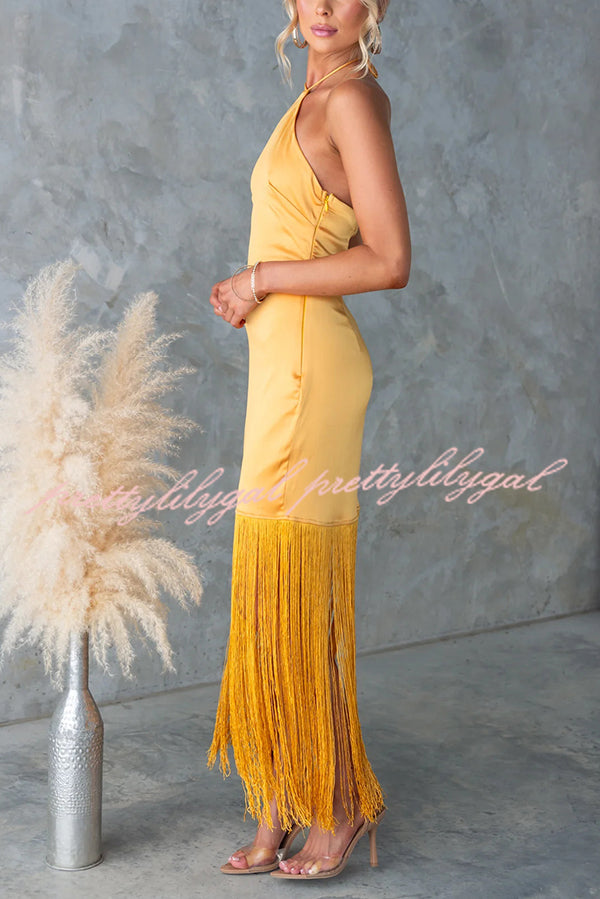 Party Queen Satin Halterneck Backless Fringe Hem Maxi Dress