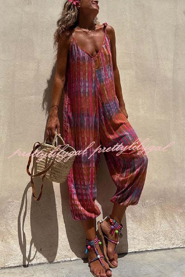 Brighton Beach Tie-dye Print Shoulder Tie Pocketed Loose Jumpsuit