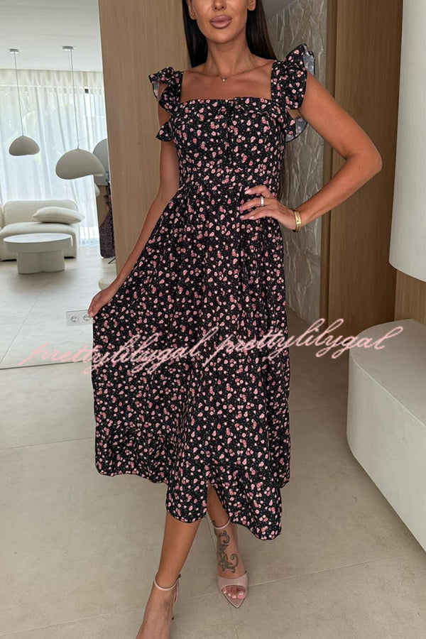 Floral Print Square Neck Pleated Back Midi Dress