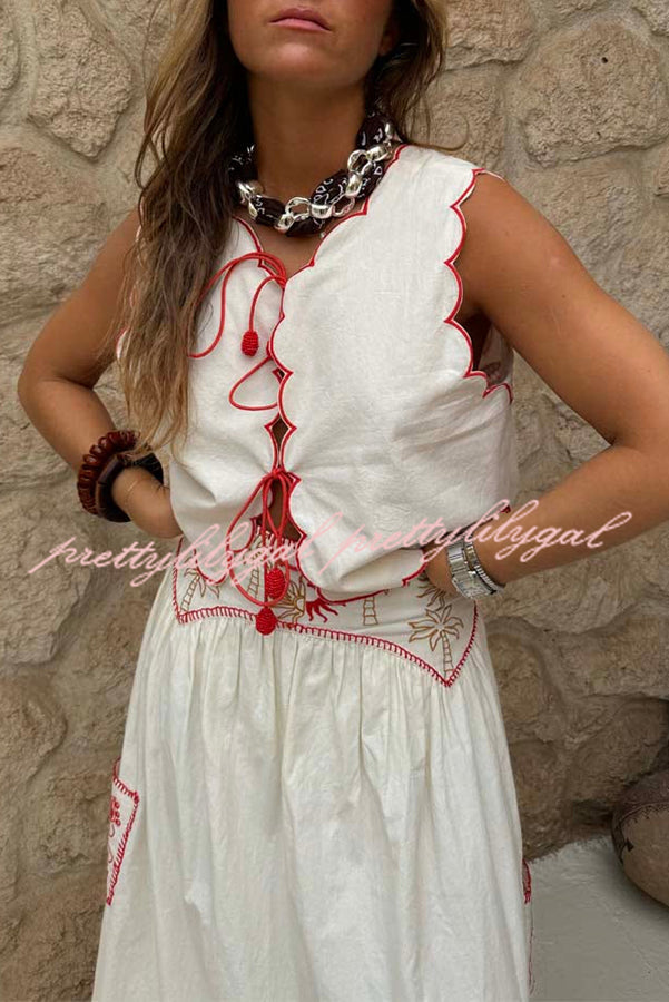Sunny Day Linen Blend Contrast Embroidered Print Scallop Trim Lace-up Top