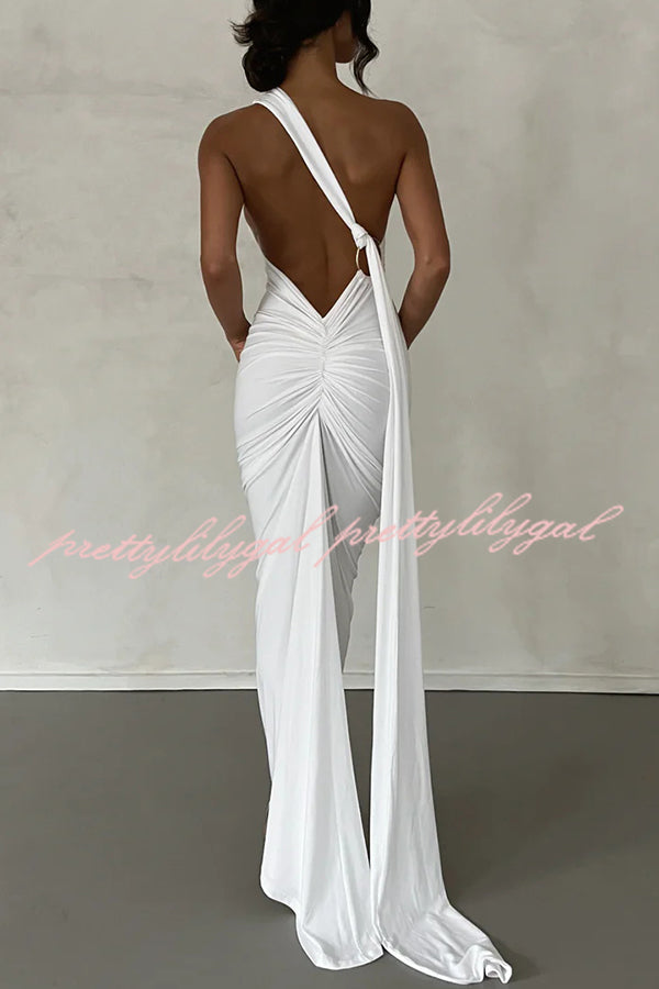 Sexy Backless Pleated Slim Solid Color Sleeveless Elegant Maxi Dress