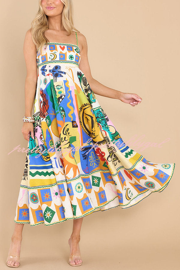 Joyful Glow Goddess Linen Blend Unique Print Pocketed Smocked Back Midi Dress