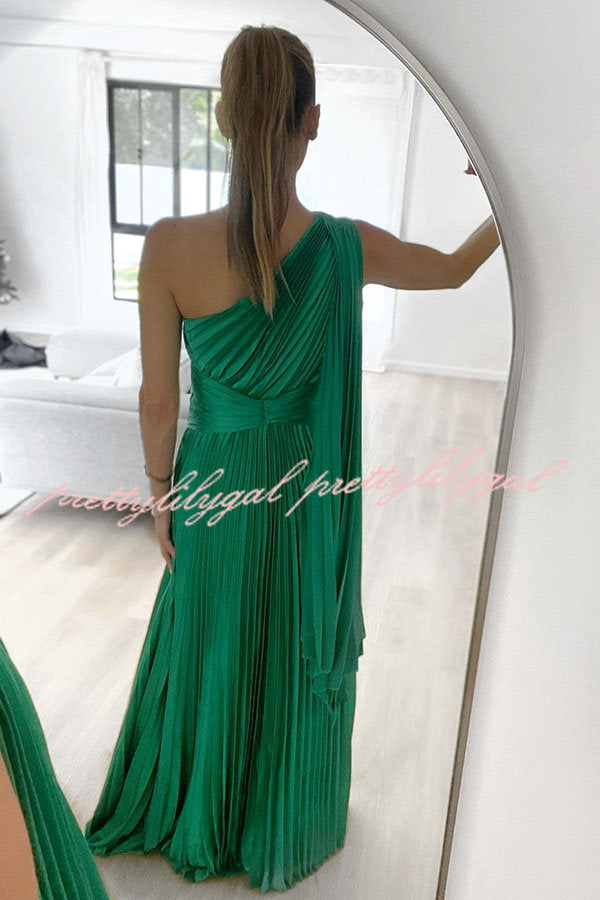 Keira One Shoulder Pleated Satin Maxi Dress