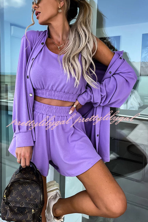 Count on Cozy Pocketed Oversized Shirt and Shorts Three Pieces Set