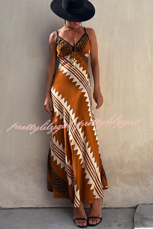 Always Falling Satin Ethnic Print Smocked Back Midi Dress