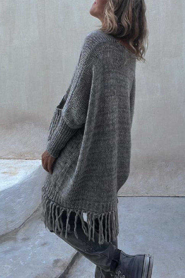 Coming with You Knit Tassel Trim Pocketed Loose Sweater