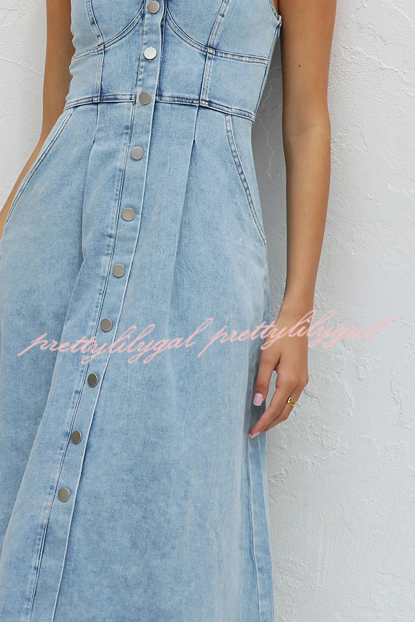 Spring Fling Washed Denim Button Pocket Back Smocked Midi Dress