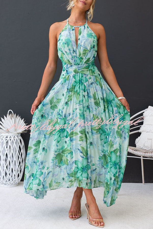 Sunny Forecast Floral Cutout Neck Pleated Midi Dress