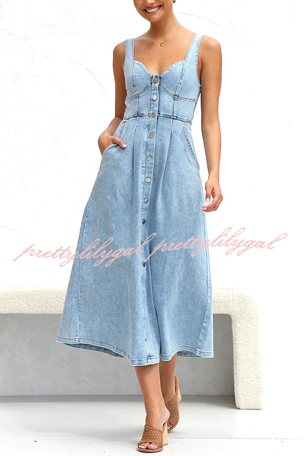 Spring Fling Washed Denim Button Pocket Back Smocked Midi Dress