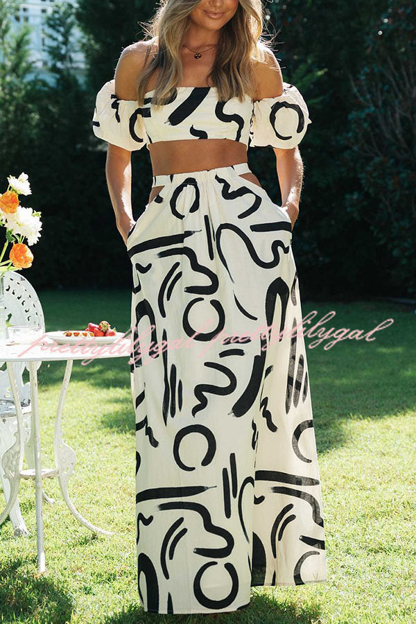 Allegra Doodle Printed Off Shoulder Crop Top and Pocketed Cutout Maxi Skirt Set