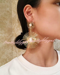 Beaded Double Geometric Pattern Drop Earrings