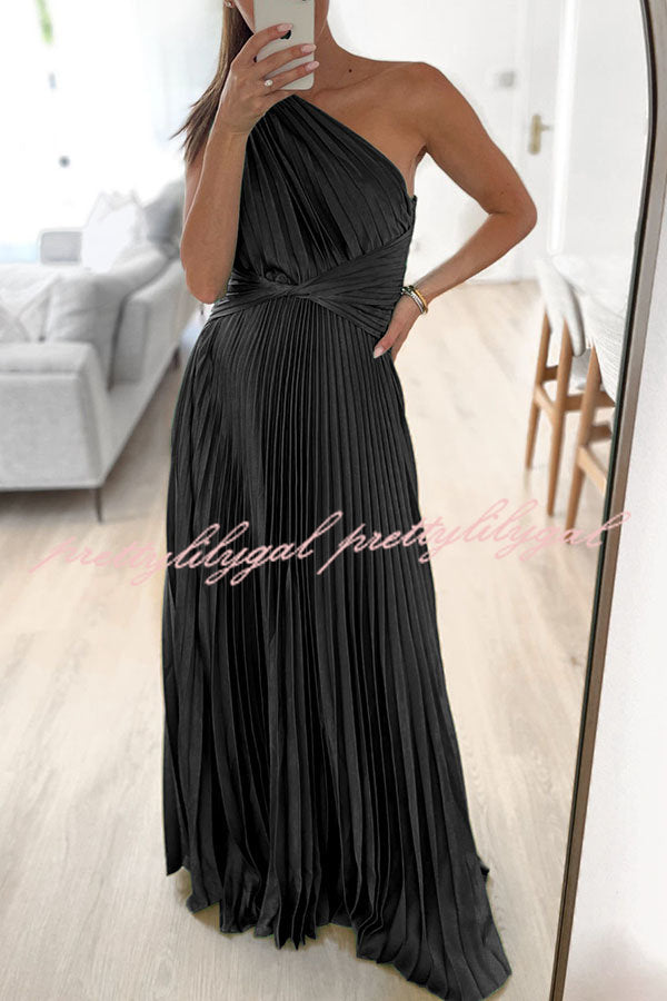 Keira One Shoulder Pleated Satin Maxi Dress