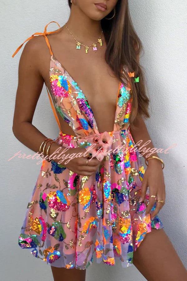 V Neck Open Back Sequined Floral Tie A Line Mini Dress